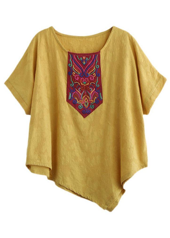 Italian Yellow Retro Embroideried Summer Shirt Short Sleeve - bagstylebliss