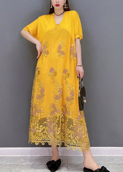 Italian Yellow V Neck Embroideried Patchwork Tassel Lace Dress Short Sleeve