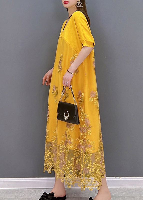 Italian Yellow V Neck Embroideried Patchwork Tassel Lace Dress Short Sleeve