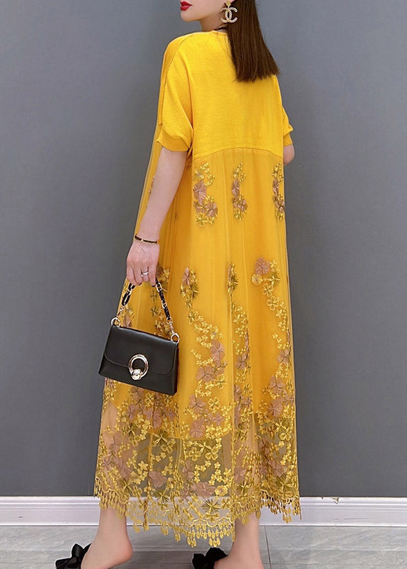 Italian Yellow V Neck Embroideried Patchwork Tassel Lace Dress Short Sleeve