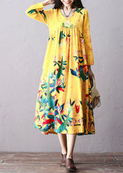 Italian Yellow Wrinkled Embroideried Print Cotton Long Dress Long Sleeve