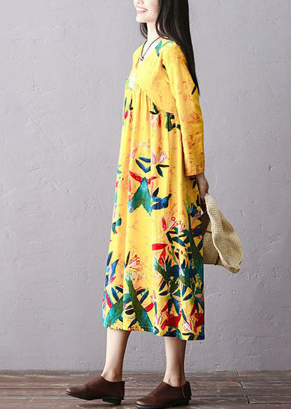 Italian Yellow Wrinkled Embroideried Print Cotton Long Dress Long Sleeve