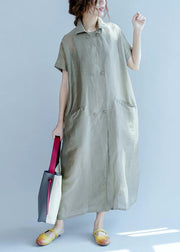 Italian army green quilting dresses lapel pockets long summer Dress - bagstylebliss