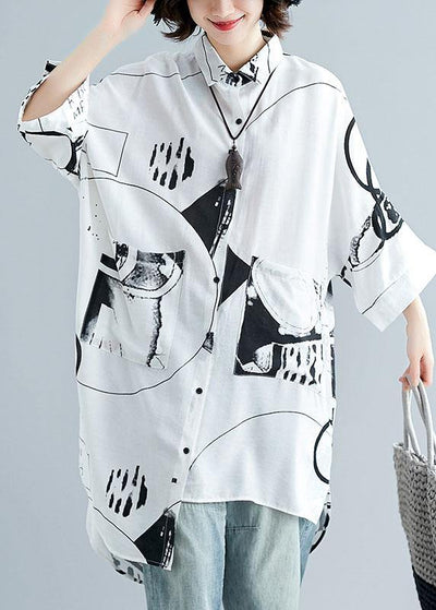 Italian asymmetric hem cotton linen tops women blouses Neckline white prints shirt summer - bagstylebliss