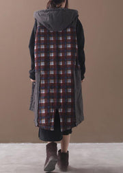 Italian back open fine hooded tunic pattern patchwork plaid baggy outwears - bagstylebliss