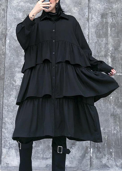 Italian black Cotton quilting clothes spring shift layered ruffles Dresses - bagstylebliss