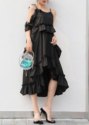 Italian black Cotton quilting dresses asymmetric tunic summer Dresses - bagstylebliss