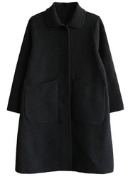 Italian black Plus Size outfit Cotton Notched collar two pockets coat - bagstylebliss