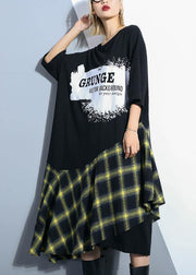 Italian black alphabet prints cotton tunic pattern patchwork plaid Maxi summer Dress - bagstylebliss