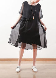 Italian black chiffon dresses Casual o neck Cinched long summer Dress - bagstylebliss