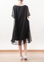 Italian black chiffon dresses Casual o neck Cinched long summer Dress - bagstylebliss