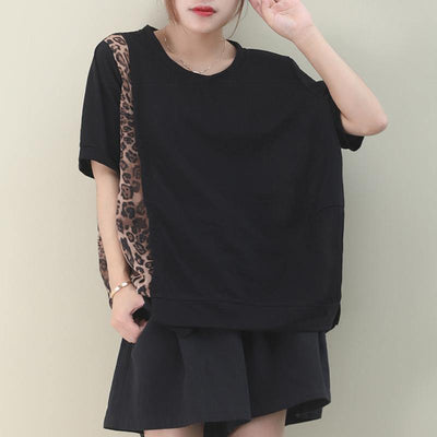 Italian black cotton clothes For Women o neck patchwork Leopard Knee blouses - bagstylebliss