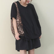 Italian black cotton clothes For Women o neck patchwork Leopard Knee blouses - bagstylebliss