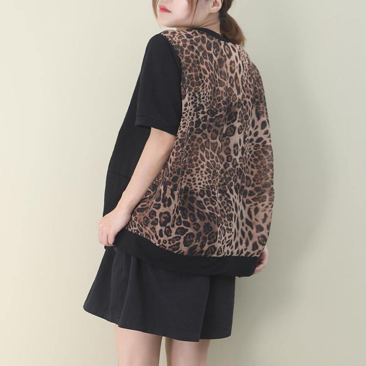 Italian black cotton clothes For Women o neck patchwork Leopard Knee blouses - bagstylebliss