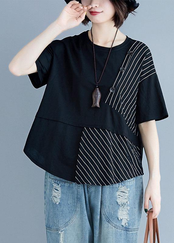 Italian black cotton clothes For Women o neck patchwork loose summer blouses - bagstylebliss