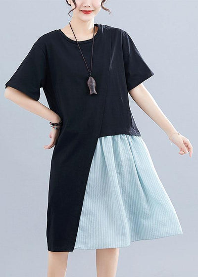 Italian black cotton linen clothes For Women patchwork o neck baggy summer Dresses - bagstylebliss