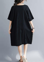 Italian black cotton tunics for women o neck patchwork Maxi summer Dresses - bagstylebliss