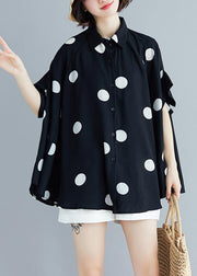 Italian black dotted chiffon tops quality Sewing lapel Art Summer shirt - bagstylebliss