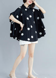Italian black dotted chiffon tops quality Sewing lapel Art Summer shirt - bagstylebliss