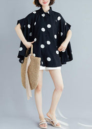 Italian black dotted chiffon tops quality Sewing lapel Art Summer shirt - bagstylebliss