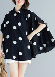 Italian black dotted chiffon tops quality Sewing lapel Art Summer shirt - bagstylebliss