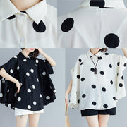 Italian black dotted chiffon tops quality Sewing lapel Art Summer shirt - bagstylebliss
