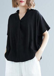 Italian black linen cotton Blouse Pakistani Fabrics v neck Button Down Knee Summer blouses - bagstylebliss