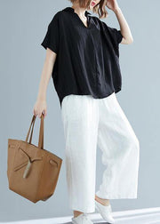 Italian black linen cotton Blouse Pakistani Fabrics v neck Button Down Knee Summer blouses - bagstylebliss