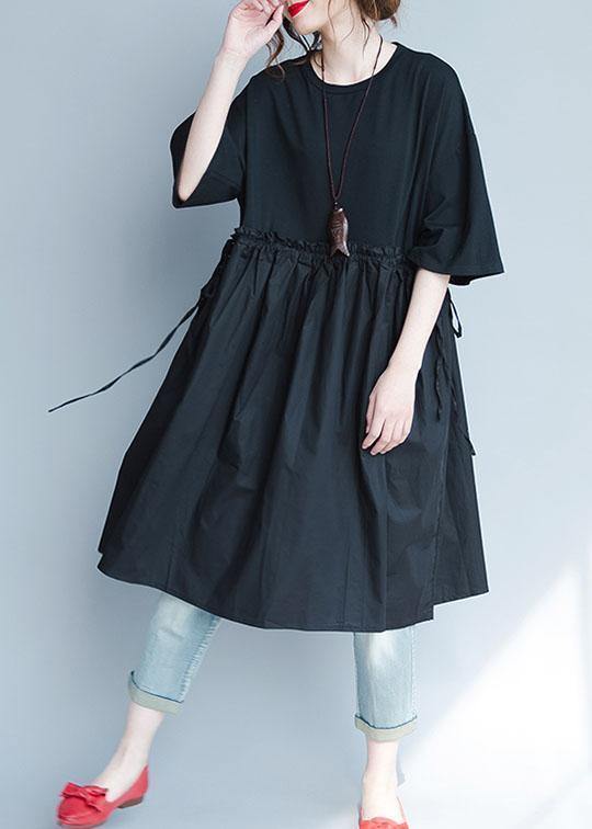 Italian black linen quilting dresses ruffles loose summer Dress - bagstylebliss