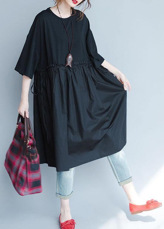 Italian black linen quilting dresses ruffles loose summer Dress - bagstylebliss