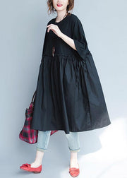 Italian black linen quilting dresses ruffles loose summer Dress - bagstylebliss