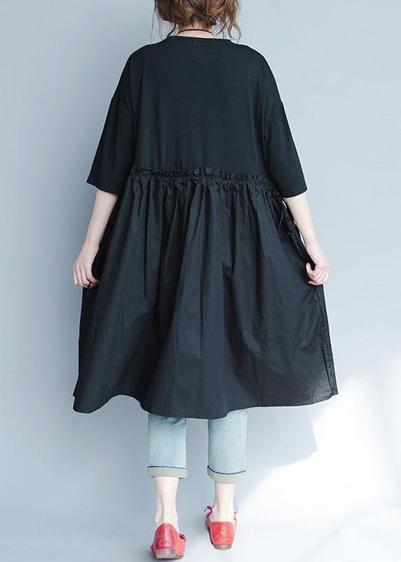 Italian black linen quilting dresses ruffles loose summer Dress - bagstylebliss