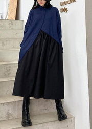 Italian black patchwork blue dress women lapel Cinched oversized dress - bagstylebliss