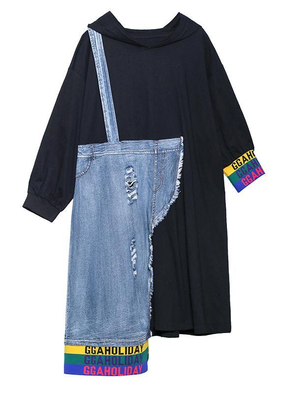Italian black patchwork denim blue quilting clothes o neck Hole long Dress - bagstylebliss