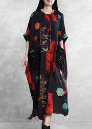 Italian black red print dress o neck patchwork lace Maxi Dress - bagstylebliss