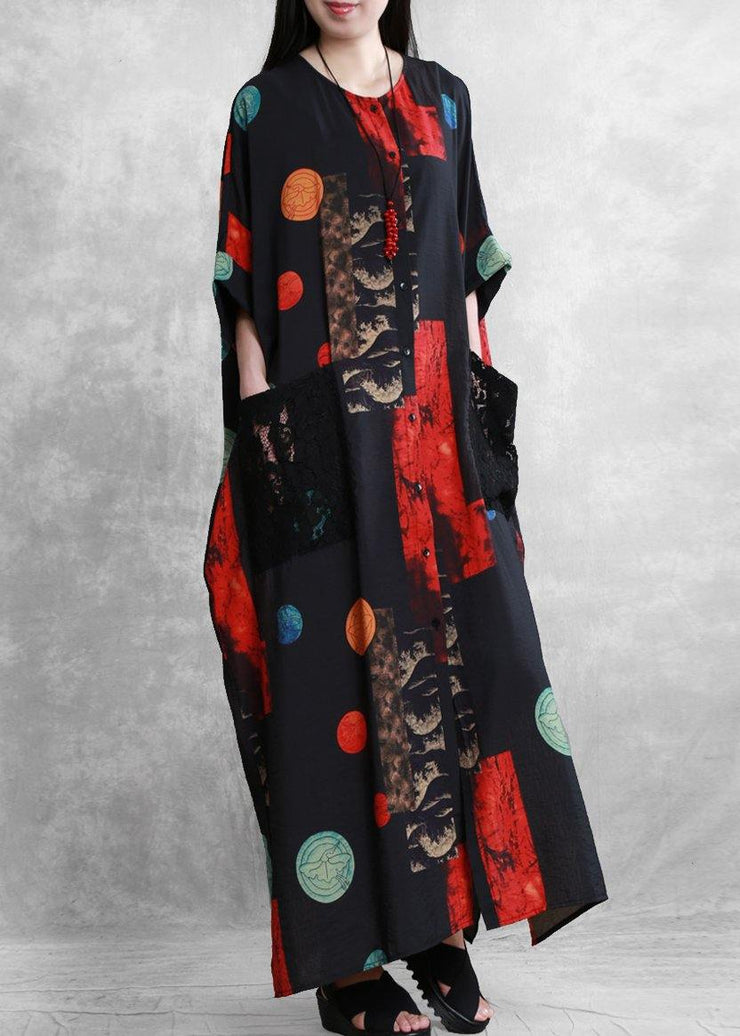 Italian black red print dress o neck patchwork lace Maxi Dress - bagstylebliss