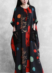 Italian black red print dress o neck patchwork lace Maxi Dress - bagstylebliss