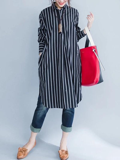 Italian black striped Cotton clothes lapel oversized shirt Dres - bagstylebliss