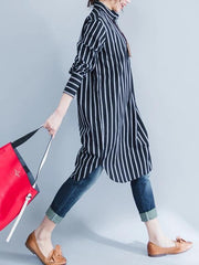 Italian black striped Cotton clothes lapel oversized shirt Dres - bagstylebliss