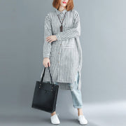 Italian black white striped linen clothes For Women plus size Shape side open Dresses spring Dress