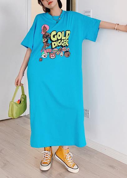 Italian blue Cartoon print tunic pattern o neck side open cotton Dress - bagstylebliss