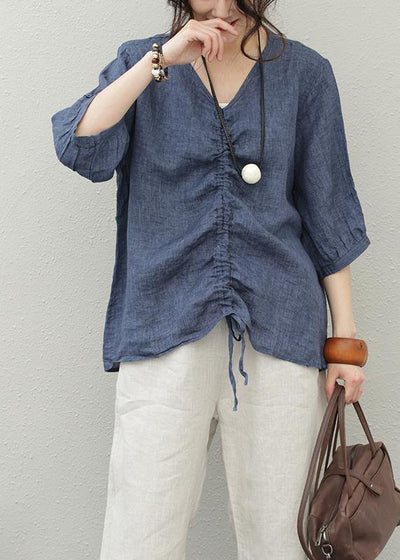 Italian blue cotton Shirts v neck drawstring baggy blouse - bagstylebliss