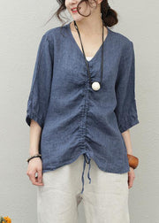 Italian blue cotton Shirts v neck drawstring baggy blouse - bagstylebliss