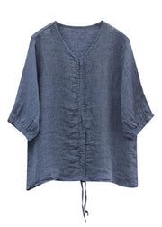 Italian blue cotton Shirts v neck drawstring baggy blouse - bagstylebliss