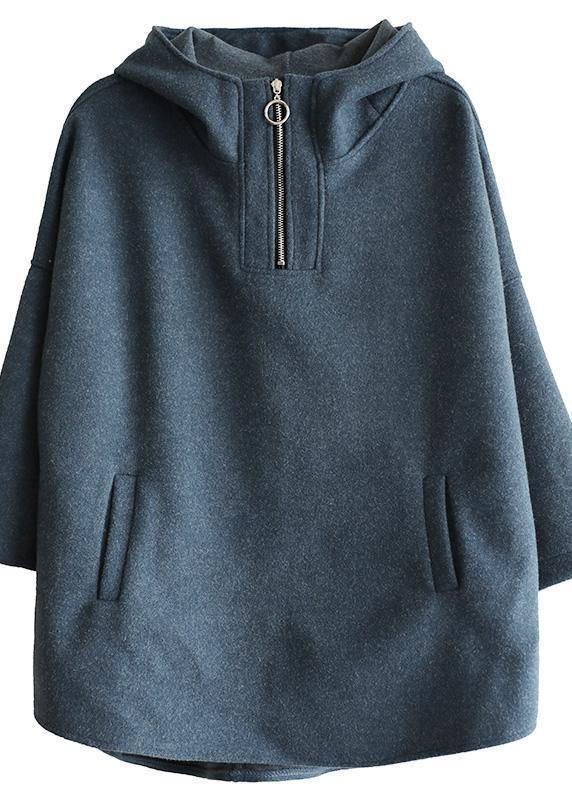 Italian blue cotton tunic pattern zippered loose hooded blouses - bagstylebliss