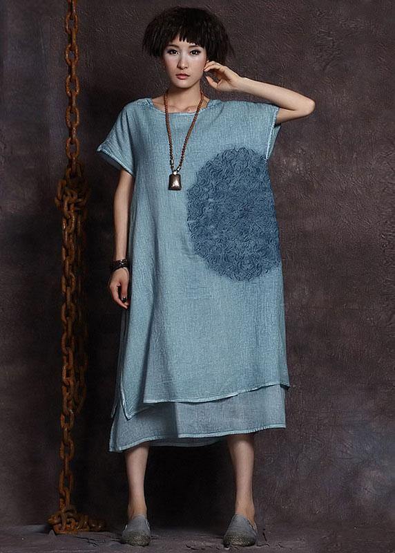 Italian blue embroidery linen Robes layered Love summer Dress - bagstylebliss