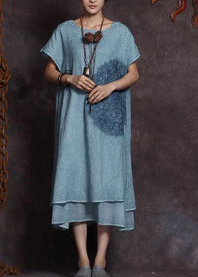 Italian blue embroidery linen Robes layered Love summer Dress - bagstylebliss