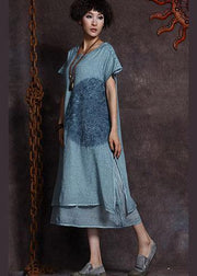 Italian blue embroidery linen Robes layered Love summer Dress - bagstylebliss