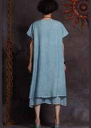 Italian blue embroidery linen Robes layered Love summer Dress - bagstylebliss