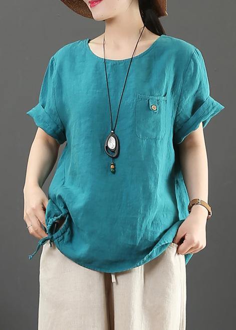 Italian blue linen clothes For Women o neck pockets Plus Size Clothing summer tops - bagstylebliss